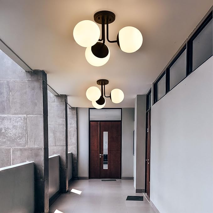 3 Light Semi Flush Mount Ceiling Light Fixture, Modern Globe Chandelier, Sputnik Farmhouse Lighting for Kitchen Bedroom Bathroom Living Room Corridor Laundry Room Bar (Matte Black)