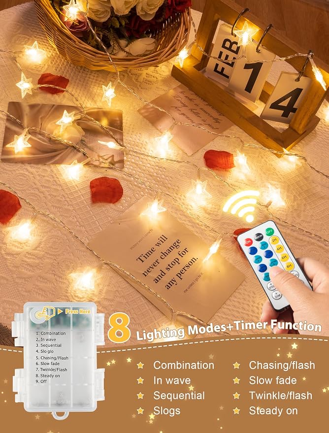 Star String Lights Battery&USB Powered,19FT 50LED Star Fairy Lights with Remote, Hanging Star Lights for Home, Kids Tent, Bedroom,Porch, Classroom, Christmas,Party,Room Decor,Warm White