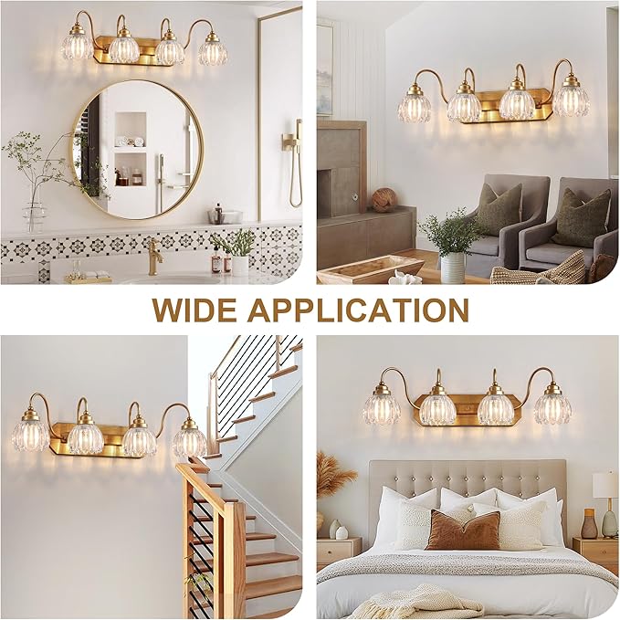 Gold Vanity Light, Vintage Bathroom Light Fixtures, 4-Light Matte Antique Brass Finish with Crystal Glass Shade, Mid Century Style Wall Sconces for Bedroom, Living Room