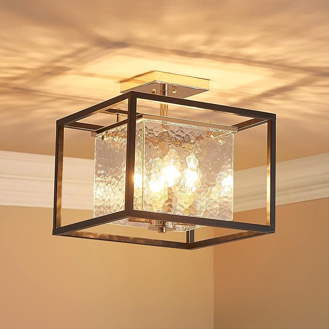 AGV LIGHTING CL015 Semi Flush Mount Ceiling Light Fixture, Close to Ceiling Light, 4-Lights E12 Base, Hazy Textured Glass Shade, Matte Black & Shine Gold Finish