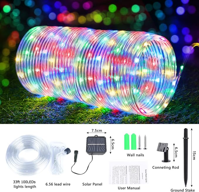 Solar Rope Lights, 2 Pack Total 66ft 200LED Solar String Lights, 8 Modes Waterproof Solar Outdoor Light, Flexible Clear Trampoline Light for Garden Yard Patio Deck Porch Pool Tree Decor - Multicolor