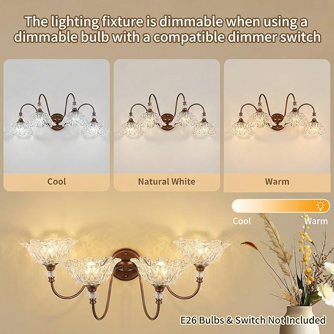 Antique Red Bronze Finish Bathroom Vanity Light, 4-Light Vintage Vanity Light with Floral Clear Glass Shades, Retro Wall Mount Lighting for Bathroom, Dressing Table