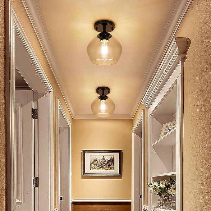Modern Semi Flush Mount Ceiling Light with Clear Glass Shade, Industrial Close to Ceiling Light, Hanging Ceiling Light Fixture for Hallway, Bedroom, Dining Room, Entryway, Foyer