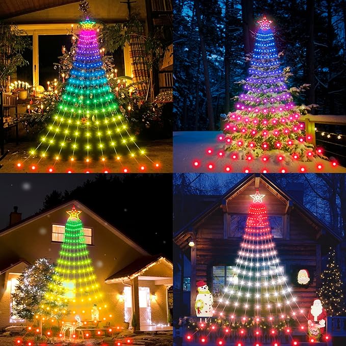 Smart Christmas Day Decorations Lights with Star Topper, 11.48ft 350 LED DIY Waterfall Tree Lights with Remote Timer Color Changing Light Music Sync APP Control for Wedding Holiday Party Decor