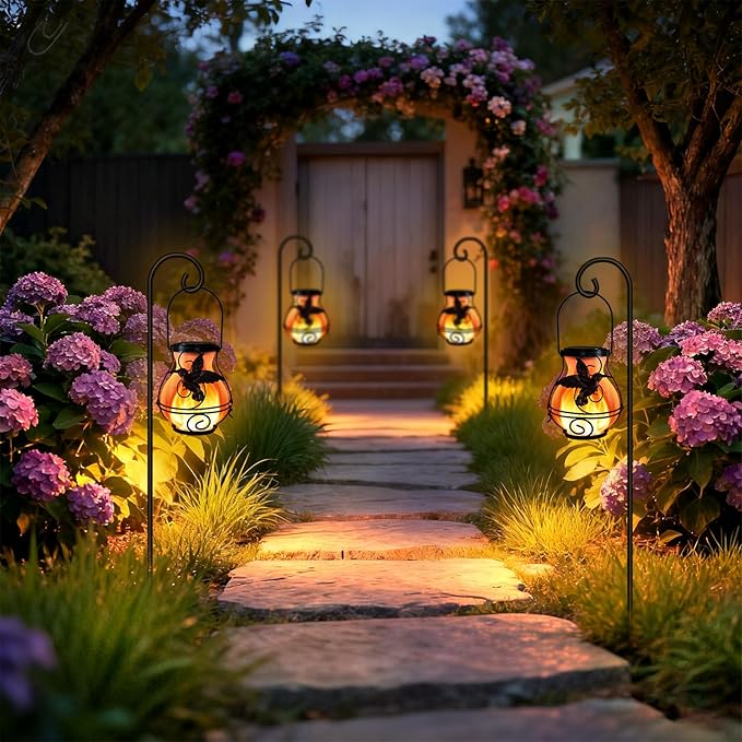 4 Pack Solar Lanterns Outdoor Waterproof Flickering Flame Lights Hummingbird Metal Hanging Solar Lantern Patio Porch Garden Decoration