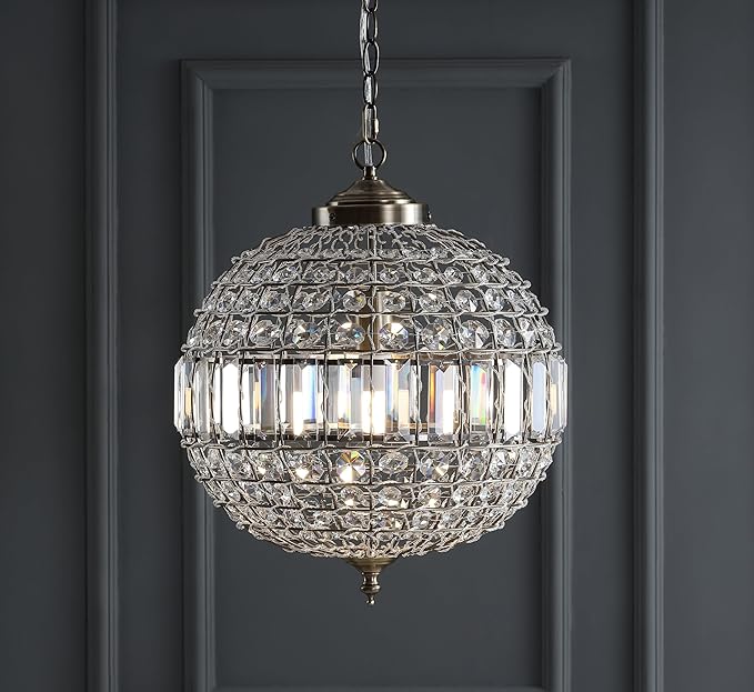 JONATHAN Y 16" Antique Brass/Clear Modern Crystal LED Pendant Light for Kitchen, Clear Crystal Shade, Glam Globe Chandelier Hanging Ceiling Lamp for Dining Room Entryway (JYL6110B)