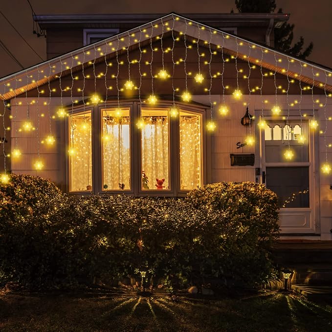 weillsnow Christmas Decorations, 360 LED Icicle Lights with Snowflake, 29.5 FT 72 Drops Icicle Light with 8 Modes，Connectable Warm White String Lights for Outdoor Eaves, Railing, Xmas Decor
