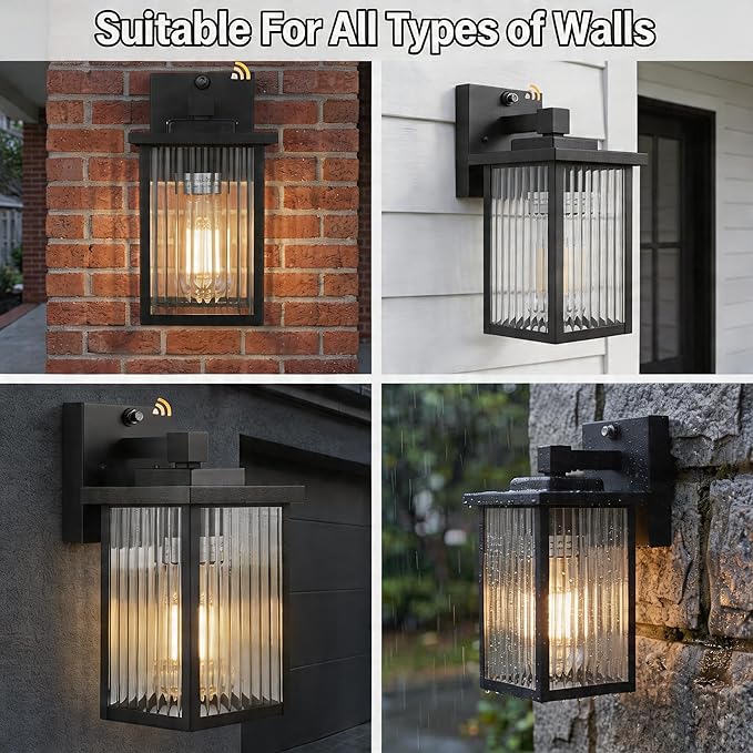 2 Pack Dusk to Dawn Outdoor Lighting, Modern Wall Sconce with Textured Glass, Waterproof IP65 Exterior Light Fixture, Soft Glow Warm Ambiance for Front Door Porch Garage, 10.6 Inch Height, Black