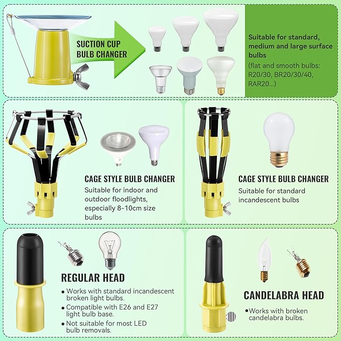 Dreyoo 4 Pieces Set Light Bulb Changer, Suction Cup and Cage Changer for Incandescent, Floodlight, Broken Bulb and Recessed Lights, Compatible with Standard Extension Pole, Pole Not Included (Yellow)