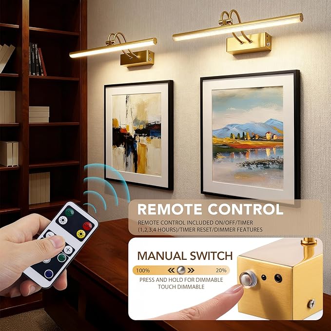 RAIFOOLLY Picture Light, Picture Lights for Wall Cordless, 13inch Picture Lights with Timer and Dimmable, 5000mAh Battery Wall Lights for Display Gallery Painting Art Frame Portrait - Copper