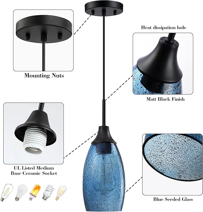 Viinew Mini Glass Pendant Light,4.72" Dark Blue Glass Hanging Light 3-Pack Handblown Clear Blue Seeded Shade Adjustable Cord Ceiling Light Fixture for Kitchen Island Sink