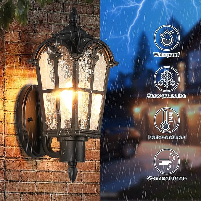 16” Large Size Outdoor Wall Light Fixtures Wall Mounted, Exterior Waterproof Porch Lights Lanterns, Outside Sconces with Water Ripple Glass for House Front Door Garage, Retro Vintage Style, 1 Pack