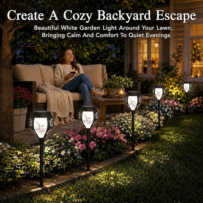 Solar Lights Outdoor Waterproof, Solar Pathway Lights Decorative with Dual Power-Solar/Battery, Solar Garden Lights Hummingbird Pattern Stakes Lighting for Outside Decor, Yard, Patio, Landscape, Lawn