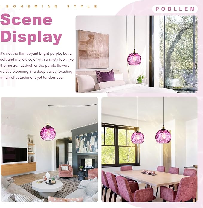 Mid Century Plug in Hanging Light for Living Room, 13.8" Purple Glass Shade Plug in Cord Boho Pendant Lamp for Bedroom Dining Room Kitchen Sink, Large Plug-in Light