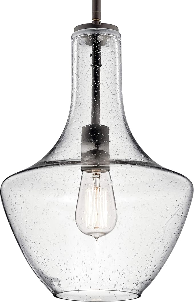 Kichler Everly 15.25" Kitchen Bell Pendant in Olde Bronze®, 1-Light Clear Seeded Glass Pendant Light, (15.25" H x 10.5" W), 42141OZCS