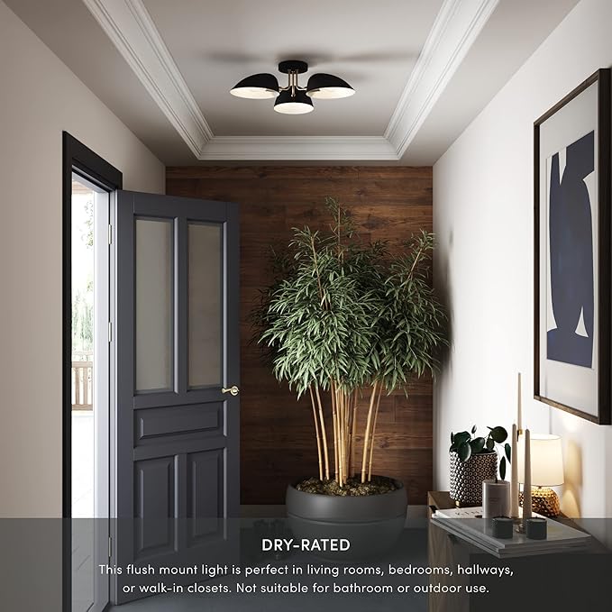 Nathan James Argo Semi Mount Flush Ceiling Light, 3-Lights Modern Retro Lighting with Black Rounded Shades for Hallway, Dining Room and Bedroom, Brass Gold/Black