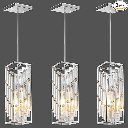 Chrome Pendant Lights Kitchen Island 3 Pack, Mini Crystal Chandeliers, Modern Pendant Lights Ceiling Lighting Fixtures for Kitchen Island, Dinning Room, Bedroom