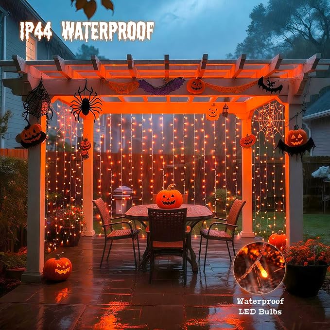 JMEXSUSS Orange Curtain Lights for Halloween, 200 LED Halloween Curtain String Lights USB Plug in, 8 Modes Orange Hanging Window Lights for Bedroom Party Indoor Outdoor Decorations