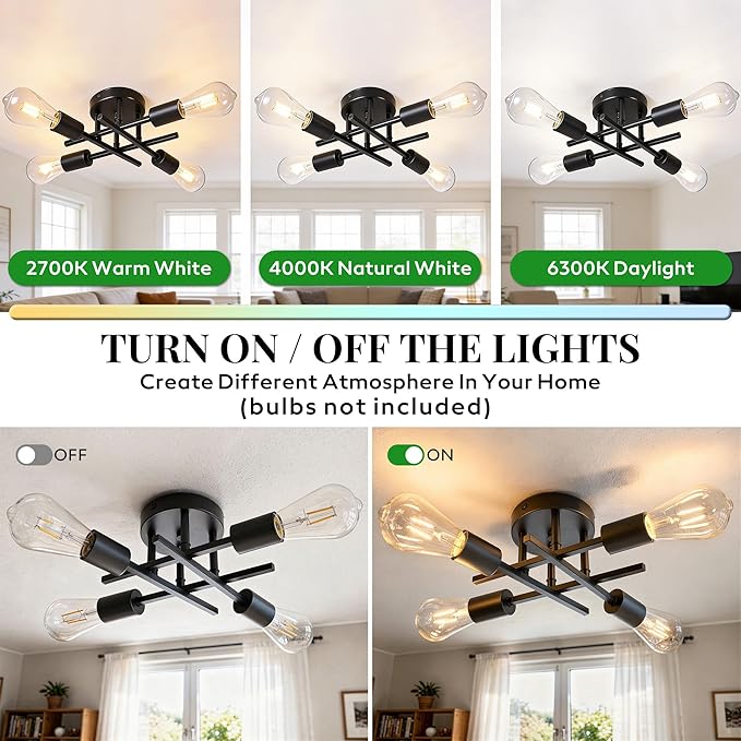 4-Light Semi Flush Mount Ceiling Light Fixture, Black Sputnik Modern Farmhouse Close to Ceiling Chandelier Lighting for Bedroom, Dining Room, Kitchen, Living Room, Matte Black E26 Base