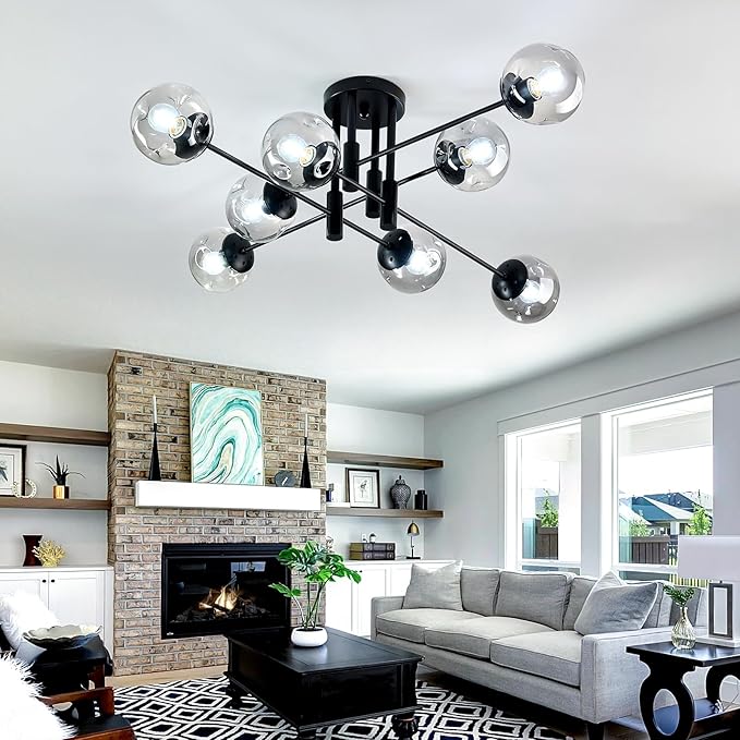 SZXYKEJI 8 Light Glass Globe Ceiling Light Black Mid Century Flush Mount Sputnik Light Fixture Bubble Chandelier Living Room Farmhouse for Dining Room Kitchen Bedroom.