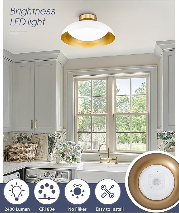 kudos Flush Mount Light Fixture, 16-inch LED Ceiling Light Fixture, White and Gold Finish, 24W 2400lm Light Fixtures for Living Room, Kitchen, Bedroom, Hallway, 5CCT, KDCL02-WT