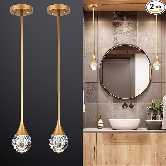 2-Pendant Lights Kitchen Island, Brass Gold Globe Crystal Ceiling Hanging Light Fxitures, LED Light Fixtures Metal Rod Ceiling Glass Pendant Lighting for Kitchen Island Dining Room Bar