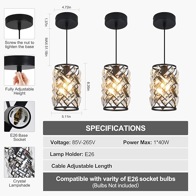 3 Pack Black Pendant Lights Kitchen Island, Kitchen Island Dining Room Light Pendant Lighting Fixtures High end Crystal Chandelier Over Island Table Modern Hanging Light for Bar Dining Room