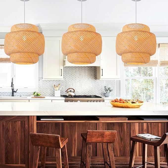 Bamboo Pendant Light,15.75" Hand-Woven Boho Rattan Hanging Lamp,1-Pack Farmhouse Wicker Chandelier for Dining Living Bedroom Kitchen
