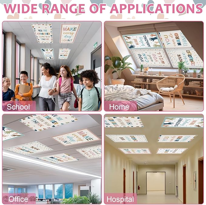 QOUBAI 8 Pcs Fluorescent Light Covers,4 x 2 Ft Magnetic Light Filters Motivational Fluorescent Lights Shade Easy Install for Classroom Office Library Hospital Home Ceiling Boho dot