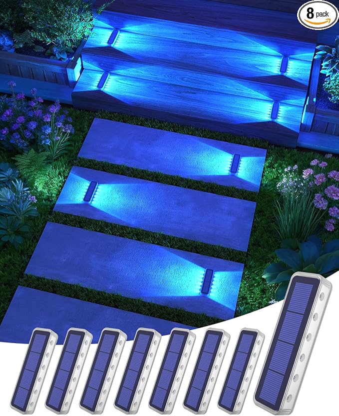 DetarZinLED Blue Solar Lights for Outside 8 Pack, 12 LEDs 2-Sided Illumination Solar Dock Lights Outdoor IP68 Waterproof, Auto On/Off Solar Deck Lights for Steps,Stairs,Driveway,Pathway,Sidewalk,Porch