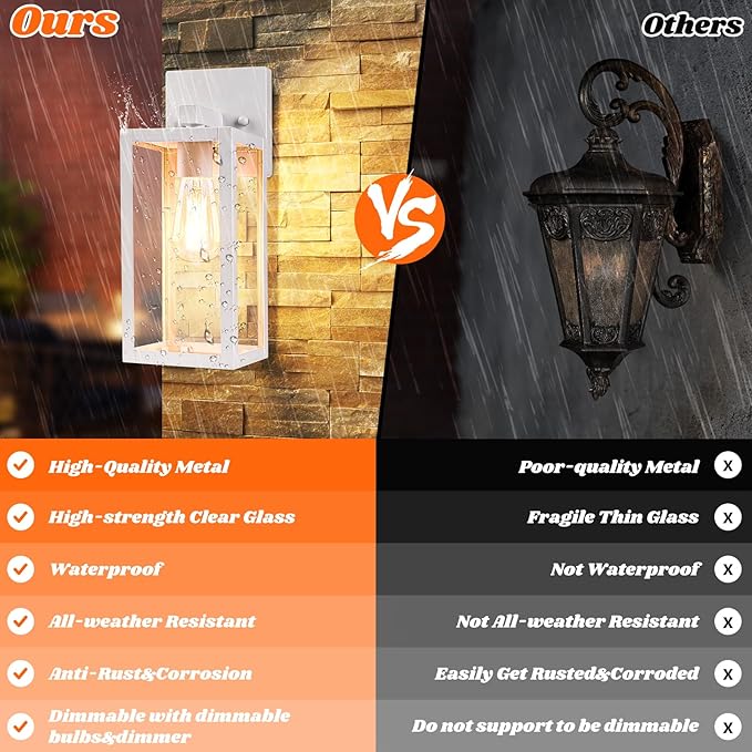 Brightever 2-Pack Outdoor Wall Light Fixtures, Waterproof Anti-Rust Outside Wall Sconce Lantern with Clear Glass, Exterior Front Porch Lights for House Garage Doorway, Bulbs Not Included, White