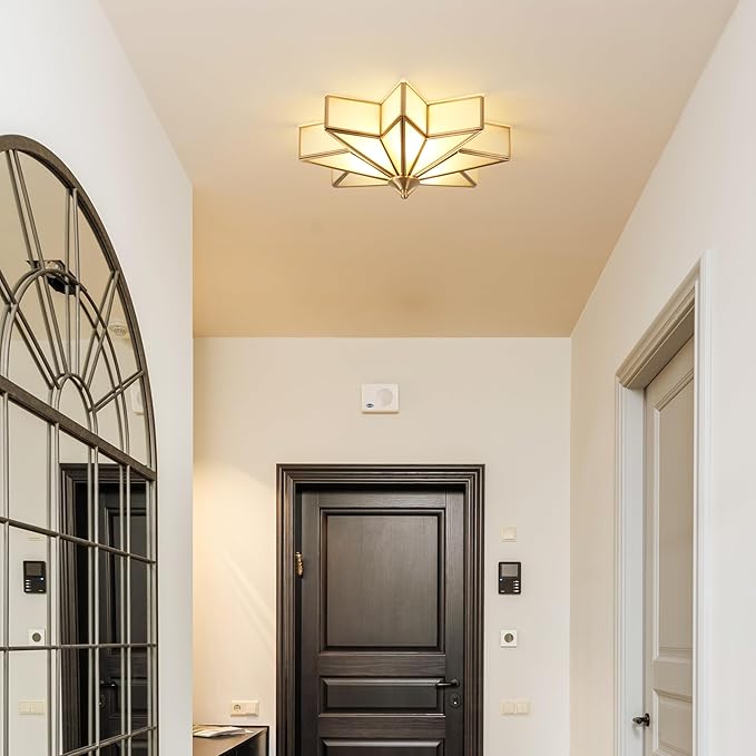 Brass Flush Mount Ceiling Light with Ceramic Light Socket, Star Shaped Ceiling Light Fixture, Mid Century Glass Ceiling Mount Lamp for Entryway, Hallway, Nursery (15.7")