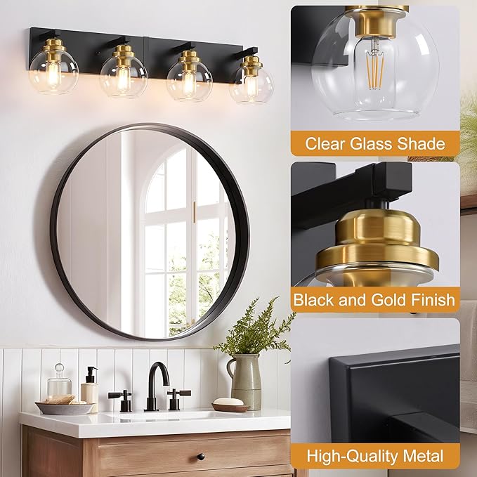 4-Light Bathroom Vanity Light Fixture Over Mirror, Bathroom Light Fixutre Matte Black & Gold Finish with Globle Clear Glass E26 Base Bulbs Not Included for Bathroom, Hallway, Bedroom, Living room