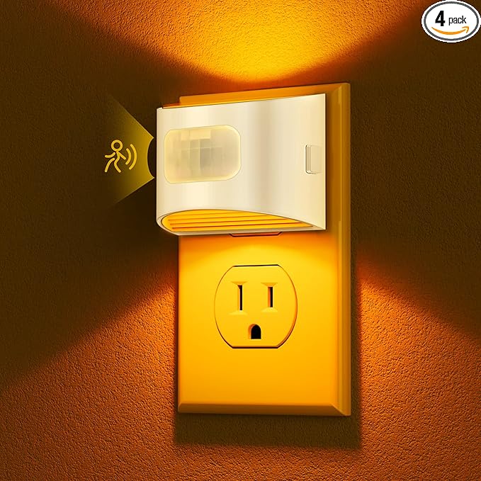 DORESshop LED Night Light[4 Pack], Night Lights Plug into Wall, Dimmable Plug in Night Light with Motion Sensor, Dusk to Dawn Sensor, Nightlights for Adults, Bedroom, Bathroom, Amber, White Cover