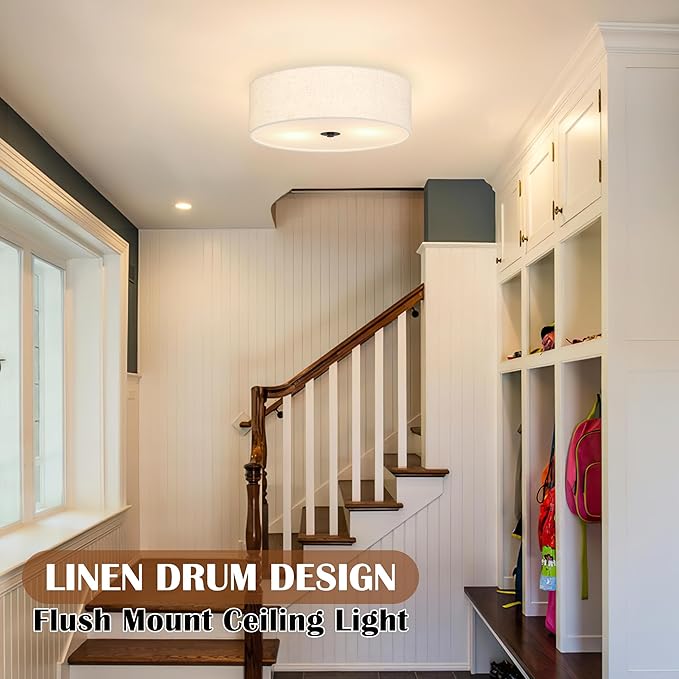 12.6 Inch Flush Mount Ceiling Light 2-Light Drum Modern Black Light Fixture Ceiling Light Fixture Close to Ceiling Light Fixture with Fabric Shade for Living Room Hallway Entryway Kitchen Bedroom