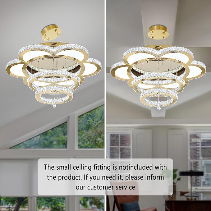 ykolupty W32'' Modern Chandelier for Living Room Crystal Chandeliers Flush Mount Chandelier for Dining Room Bedroom Foyer Dimmable 2700-6000K (Gold Chandelier)