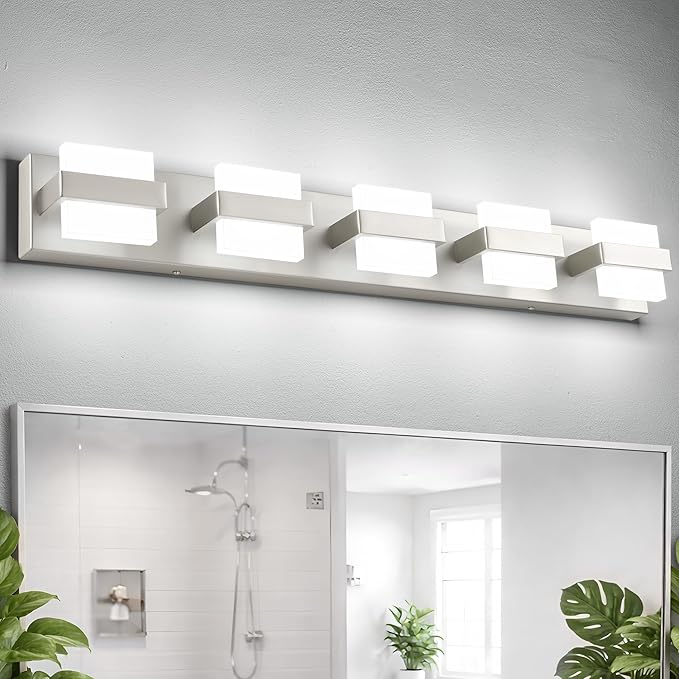 SOLFART 5-Light Bathroom Vanity Lights Over Mirror,Brushed-Nickel LED Modern Vanity Lights for Bathroom, Dimmable