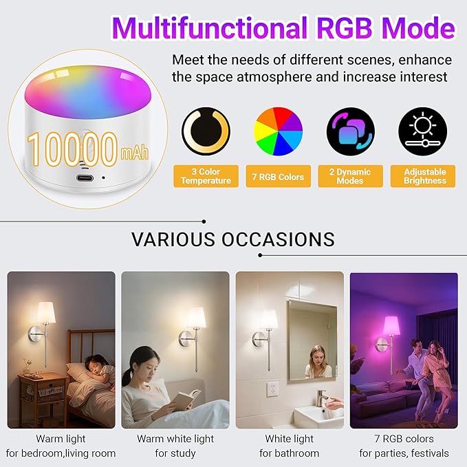 YHCDLAMP Battery Operated Wall Sconce Set of 2, Rechargeable Wall Sconce with 10000mAh Bulb and Remote Control, Up to 50 Hrs Use, RGB Dimmable Wireless Wall Lights for Living Room Bedroom Hallway