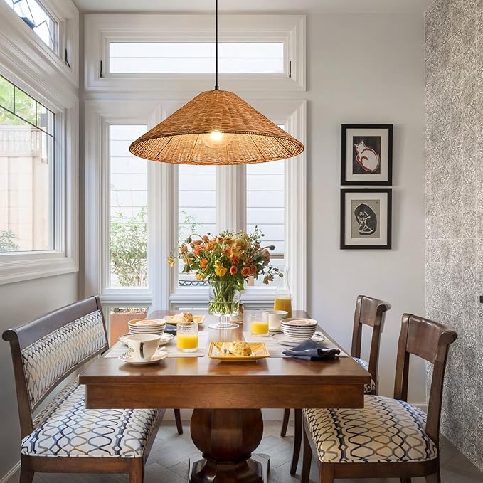 23.6'' Large Weaving Rattan Chandelier, Coastal Chandelier Hand Woven Rattan Dome Pendant Lighting Fixture Farmhouse Natural Basket Hanging Light