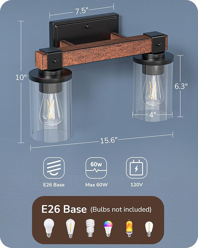 EDISHINE Farmhouse Vanity Lights for Bathroom, 2-Light Bathroom Vanity Light Fixtures Over Mirror, Painted Wood Bath Wall Sconces Lamp with Clear Glass Shade for Bedroom, Powder Room
