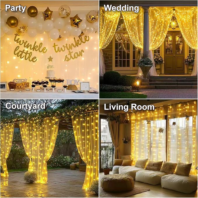 HXWEIYE 300LED Fairy Curtain Lights, 9.8x9.8Ft USB Plug-in 8 Modes Christmas String Hanging Lights with Remote for Bedroom Backdrop Wedding Indoor Wall Decor, Warm White, Standard – 2 Pack