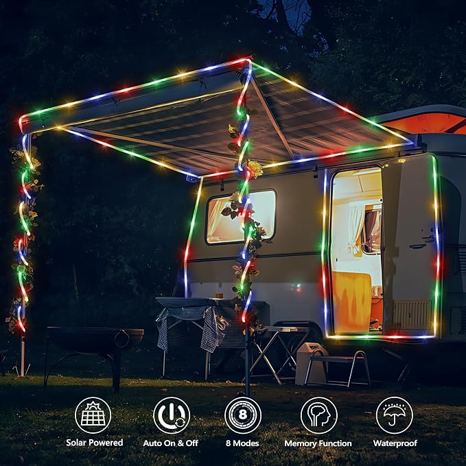 Solar Rope Lights, 33ft 100LED Solar String Lights, 8 Modes Waterproof Solar Outdoor Light, Flexible Clear Trampoline Light for Garden Backyard Patio Deck Porch, Pool Tree Decoration - Multicolor