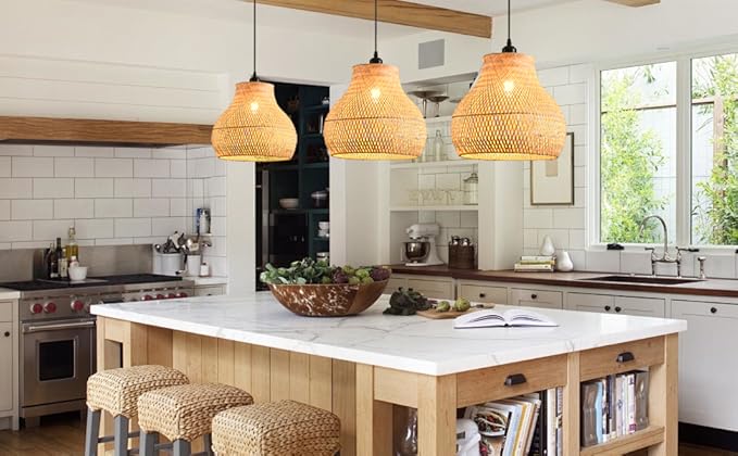 Bamboo Pendant Light 13.39" Hand Woven Rattan Pendant Light,1-Light Bamboo Rattan Ceiling Hanging Light,for Living Room Kitchen Dining Room Farmhouse
