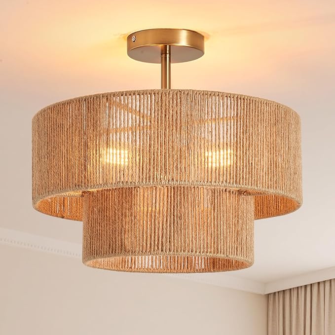 Boho Semi Flush Mount Ceiling Light Gold Rattan Ceiling Light 15.4" Farmhouse Ceiling Lamp with Natural Hemp Rope Lampshade for Dining Room Living Room Bedroom Kitchen