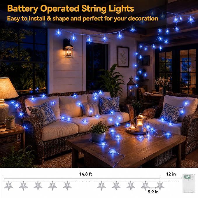 ITICdecor Star Lights Star String Lights 15 FT 30 LED Fairy Light Battery Operated Indoor&Outdoor Twinkle Christmas Lighting Bedroom Decor for Xmas Tree(Blue)