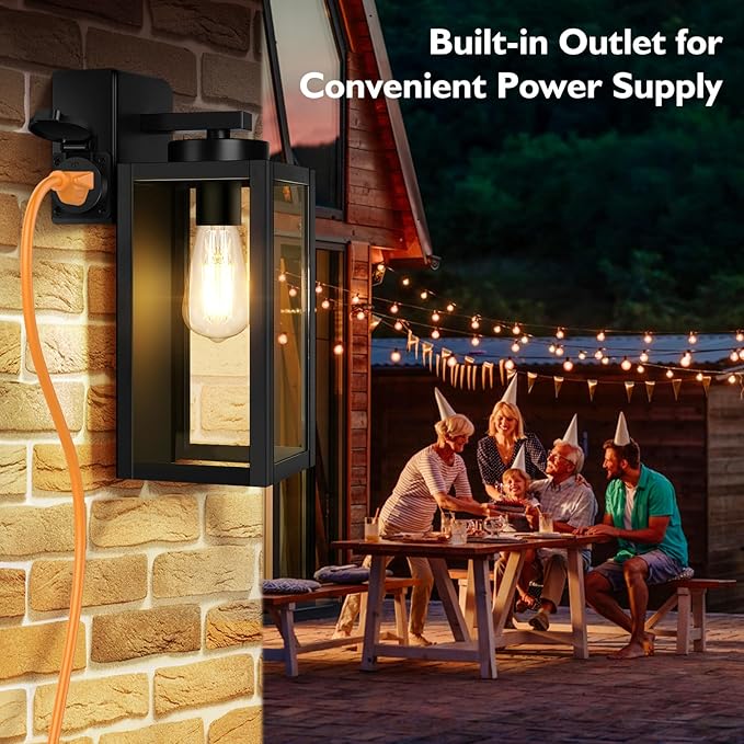 BesLowe 2-Pack Porch Lights Outdoor with UL Certified Outlet, Modern Outdoor Wall Lights Exterior Lighting Fixtures Waterproof, Exterior Wall Sconces Outside Lights for House Front Door Garage, Black