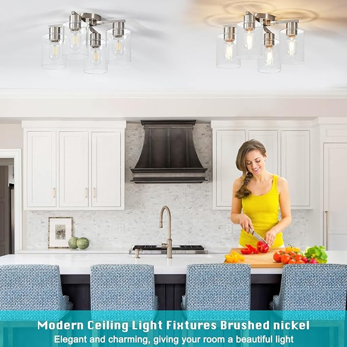 YYT Kitchen Lighting Fixtures Ceiling, Semi Flush Mount Ceiling Light, Brushed Nickel Cieling Lights Fixture, 4 Light Kitchen Light fixtures with Glass Shade for Bedroom Dining Room
