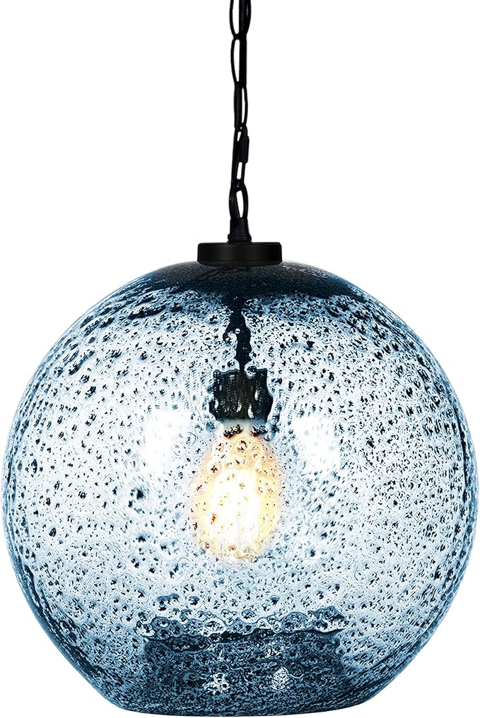 CASAMOTION Farmhouse Pendant Lighting Hand Blown Blue Glass Pendant Lights Kitchen Island Dining Room Table Entryway Black Ceiling Hanging Light Fixtures Large Globe Shade 15.6 Inch H