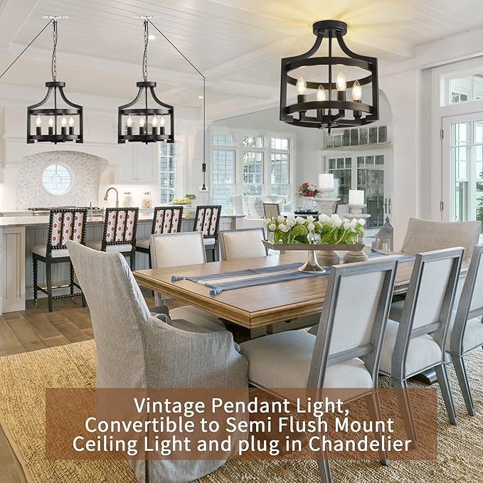 Plug in Chandelier Black Farmhouse Pendant Light Fixture, Adjustable Flush Mount Ceiling Light with 19.6 ft Hanging Cord for Kitchen Island, Dining Room, Living Room, Bedroom, Foyer, Entry