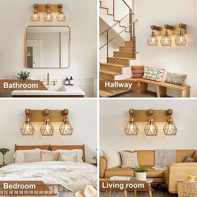 Farmhouse Bathroom Light Fixtures, 3-Light Gold Bathroom Vanity Light, Rustic Matte Antique Brass Finish with Metal Lampshade, Wall Sconces for Bedroom, Living Room, Hallway